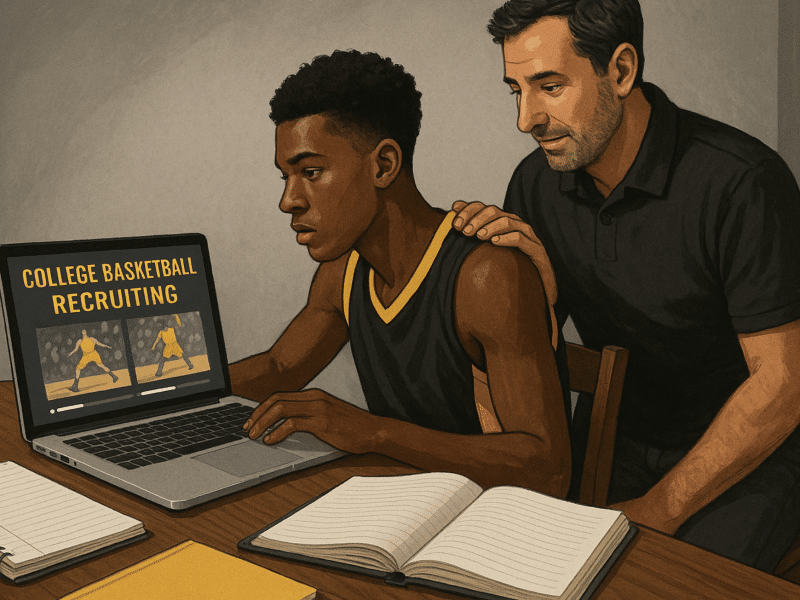 High school basketball player reviewing college recruiting materials with parent nearby, preparing highlight videos and emails.